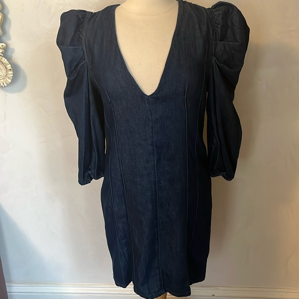 NWTS Zara Denim Mini Dress w/3/4 puff sleeves & back sliver zipper Size Large - Picture 3 of 16